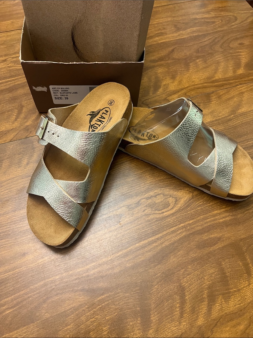 NIB New Plakton women’s metallic silver slip on sandals size 39 us size 8.5